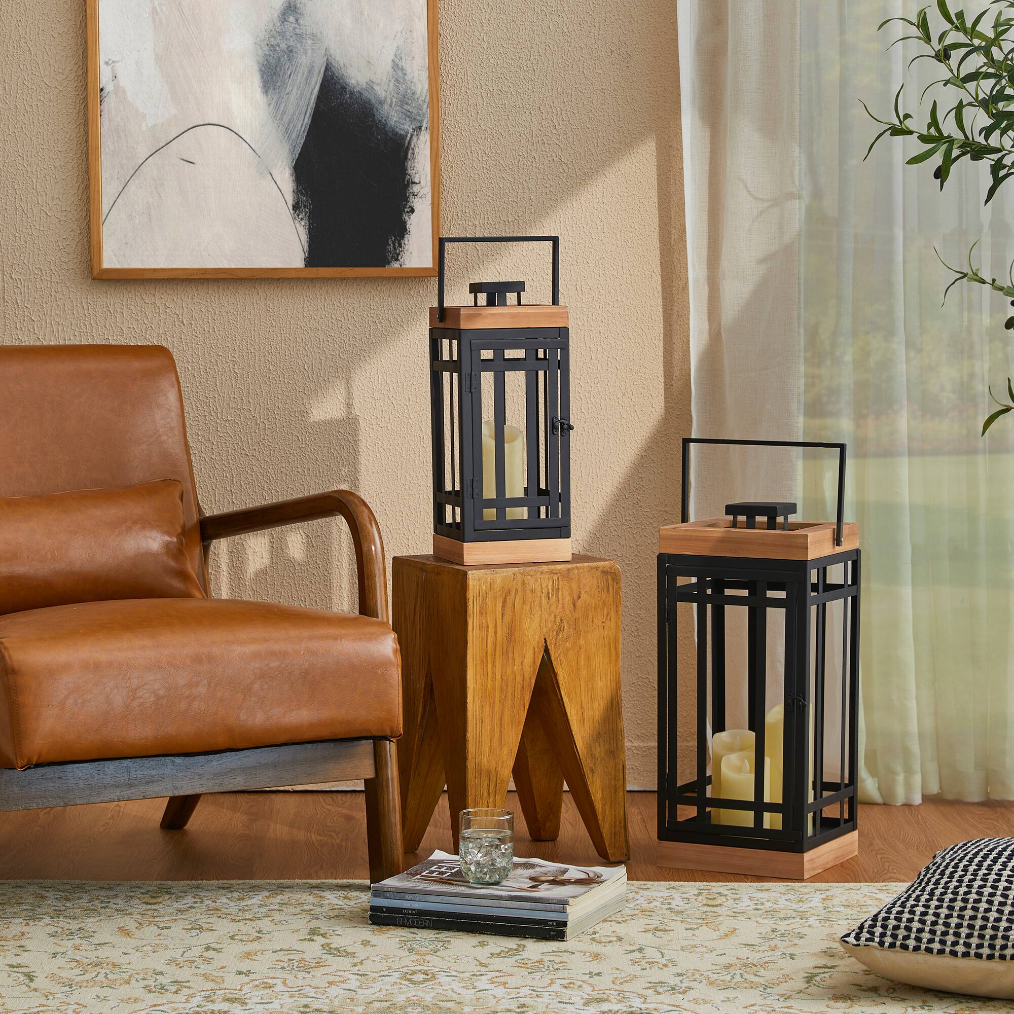 Glitzhome® Black Modern Square Metal & Wood Lanterns Set